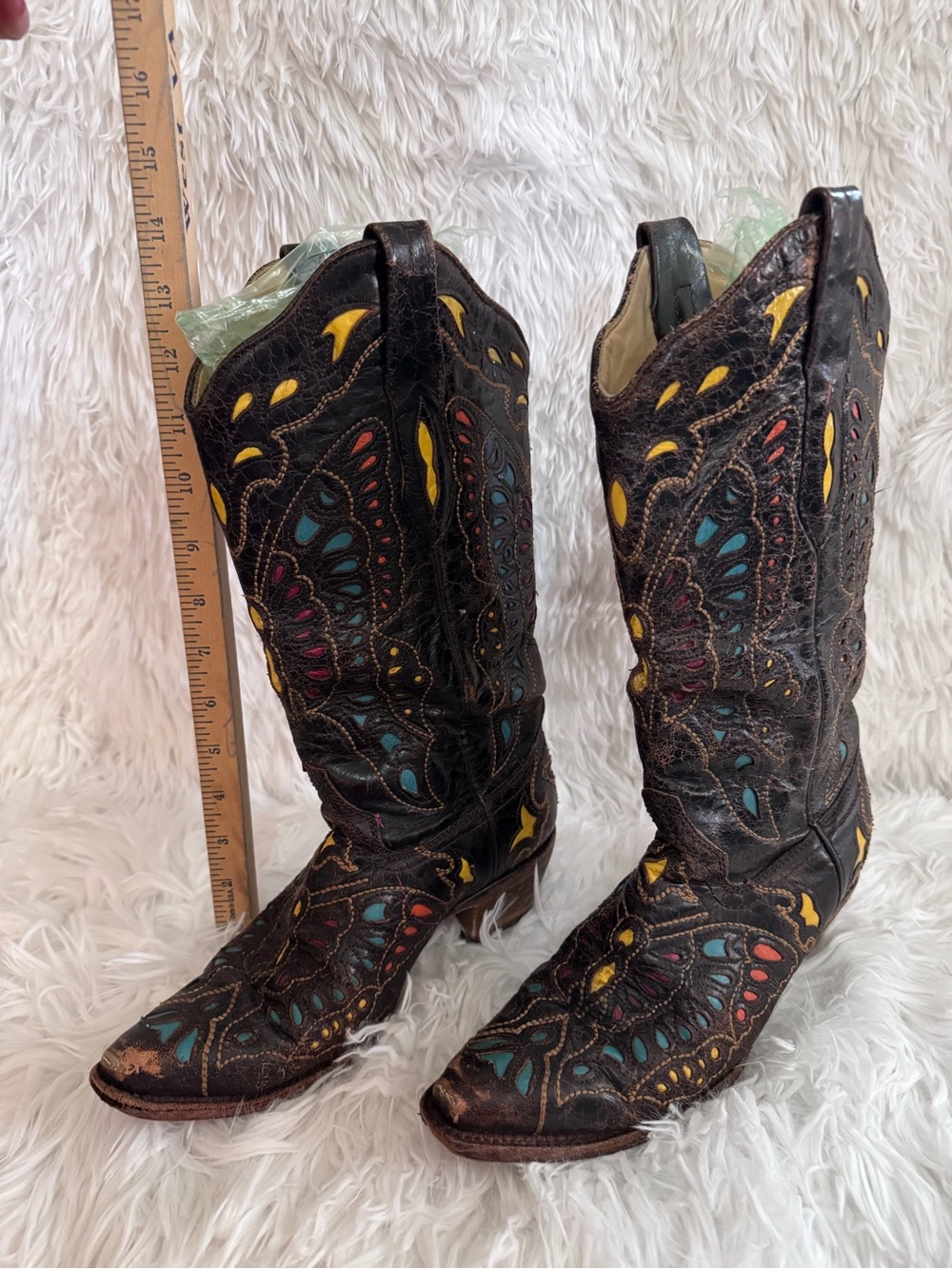 Women's Black Embroidered Lace-Up Western Boots with Multicolor Accents